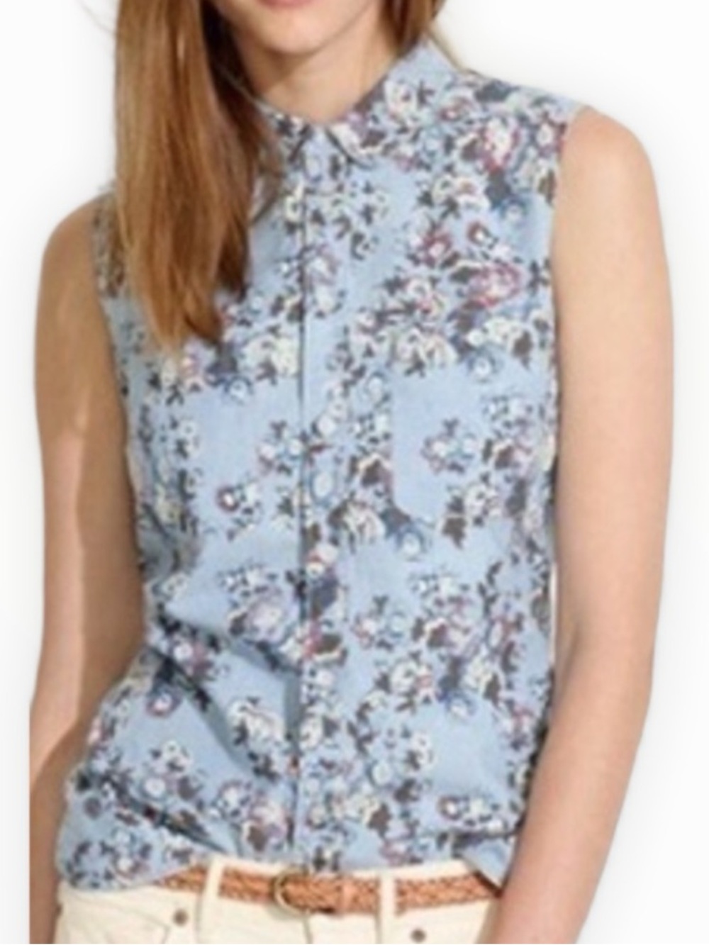 Madewell Pale Blue Floral Sleeveless Button-Down Shirt